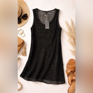 Eileen Fisher Black Linen mesh Grain Tank Open Weave Leather Trim Sz MEDIUM